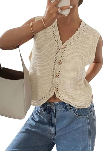 GORGLITTER Weste Damen Elegant Strickweste Ärmellos Häkelweste Häkeltop Sommer Dünne Damenwesten Mit Knöpfen Gehäkeltes Top Leichtes Stricktop Boho Westen Beige M