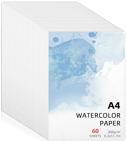 60 Hojas de Papel para Acuarela A4, Papel para Acuarela 300 g/m², Papel Acuarela Versátil, Watercolor Paper para Acuarela, Gouache, Acrílico, Dibujo Artístico, Obras de Arte (21 x 29,7cm)