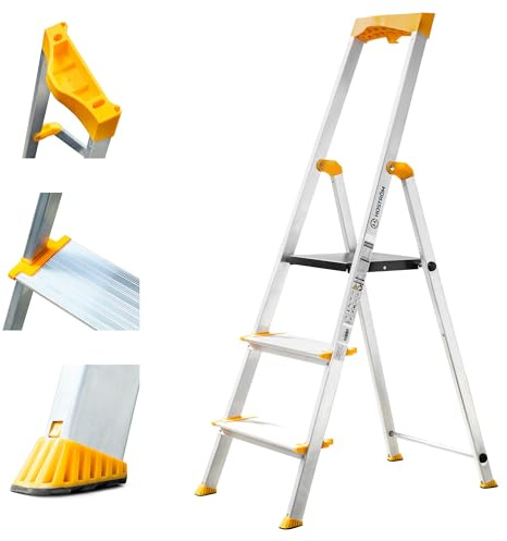 HOSTROM 3-stegsstege i aluminium, vikbart fotsteg, verktygshållare, extra stora steg 12 cm, hemmabruk och professionell användning, 5 års garanti