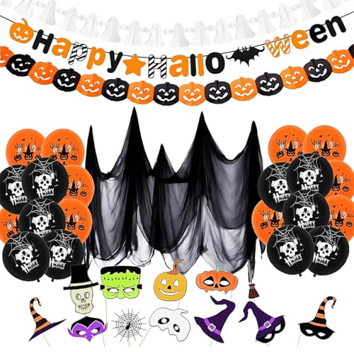 BEJAGWUS Halloween Deko Innen Set 2025,20 Luftballons + HAPPY HALLOWEEN Girlande Banner + 12 Fotobox Accessoires + Hintergrundgaze, Horror Decoration für Helloween Party