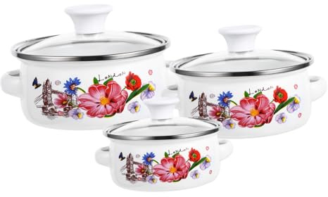 EPIGEIST Pentola Smaltata Piccola a Due Manici per Cucinare Zuppa e Noodles Istantanei, Fondo Piatto in Smalto Resistente, Set da 3 Pezzi per Uso Quotidiano in Cucina