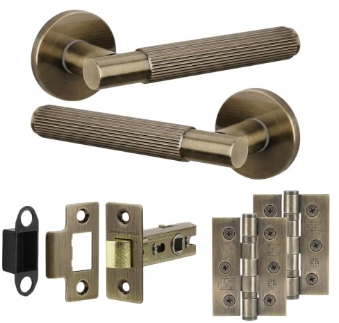 Decoranddecor Hera Antique Brass Door Handles Internal, Latch and 2 Hinges | Interior Door Handles with Latch and Hinge and Hinges Included, Aged Victorian Style Brass Handle