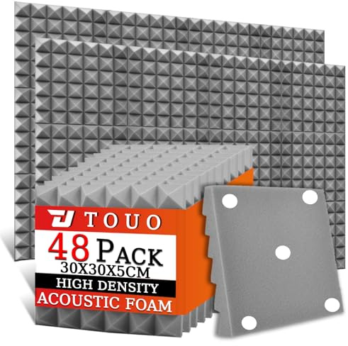 TOUO Lot de 48 panneaux acoustiques en mousse pyramidale pour murs, insonorisants haute densité, ignifugés, pour murs et plafonds de studio, 30 x 30 x 5 cm (gris)