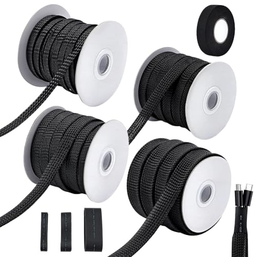 ORIGACH 5M/197ft Expandable Braided Sleeving Wire Loom PET Wiring Sleeving with Heat Shrink Tubing, Wire Harness Tape and Cable Spool for Audio and Home Device(3/16in, 3/8in, 1/2in, 13/16in)