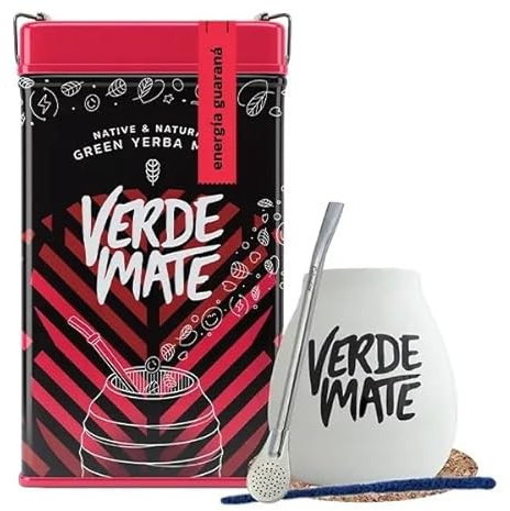 Kit yerba mate Verde Mate Green Energía Guaraná coffret calebasse bombilla | Coffret yerba mate complet avec Verde Mate Green 500 g, calebasse en céramique, bombilla, sous-tasse et goupillon