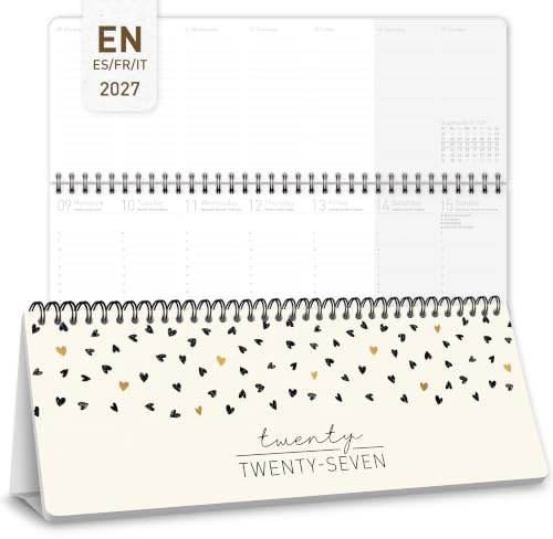 Häfft® Calendrier de bureau international 2027 horizontal Golden Hearts | En anglais (+ FR/IT/ES), calendrier hebdomadaire avec support, jours fériés et conseils pratiques pour le quotidien