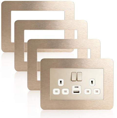 4Pcs Double Socket Surround,Self Adhesive Light Switch Plates Frame | 14.6X 8.6cm Double Light Switch Cover Protector Plates,WallFor Home Wall Switch Surrounds Decoration (Champagne)