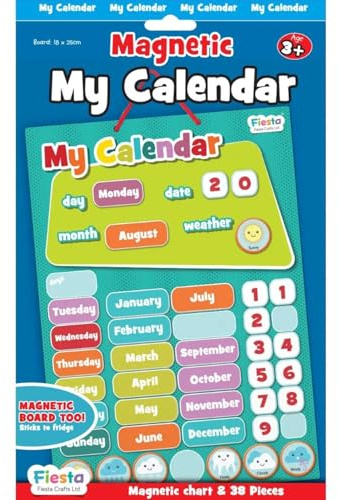 Fiesta Crafts Magnetic Calendar for Kids, Days, Months & Weather Pieces | Interactive Learning Board, Educational Chart with Moveable Numbers, Months & Weather Pieces for Children