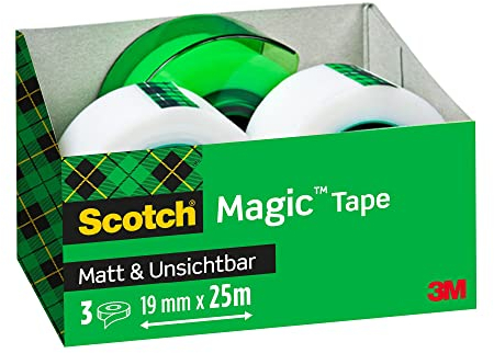 Scotch Magic Unsichtbares Klebeband, 3 Rollen, 19 mm x 25 m + 1 Handabroller GRATIS Grün - Unsichtbares Klebeband für allgemeine Zwecke zur Reparatur, Etikettierung und Versiegelung von Dokumenten