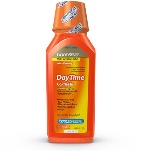 GoodSense Daytime Cold & Flu Multi-Symptom Relief, Non-Drowsy, Effective Relief for Fever, Sore Throat, Cough, Nasal Congestion, 12 Fl Oz