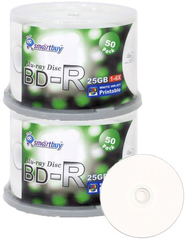 Smartbuy 100 Pack Bd-r 25gb 6X Blu-ray Single Layer Recordable Disc Printable White Inkjet Blank Data Video Media 100 Disc Spindle
