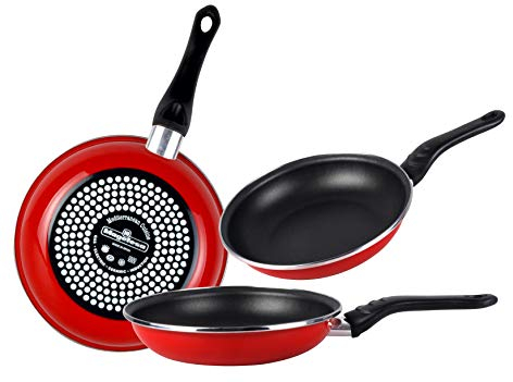 Magefesa Praga Juego de 3 sartenes (18/20/24)cm de acero vitrificado exterior color rojo. Antiadherente bicapa reforzado, aptas para cocinas, especial inducción. 50% de ahorro energético.