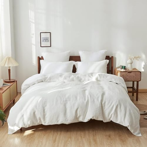Simple&Opulence 100% Linen Duvet Cover Set, 3 PCS Natural French Flax White Duvet Cover Queen Size, Breathable Soft Comfy Linen Bedding Comforter Cover with 2 Pillowcases(White, 88x92)