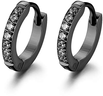 JewelryWe Schmuck Creolen Edelstahl Zirkonia Kreolen Klappcreolen Huggie Ohrringe für Damen Herren 13MM, Schwarz Gold Rosegold Silber