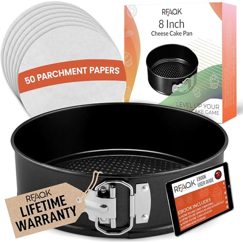 RFAQK 8 Inch Springform Pan Nonstick Leakproof - Spring Form Pan for Cheesecake with Removable Bottom, Include 50pcs Parchment Paper, Recipe E-Book - Perfect for Baking Cheese Cakes, Pizzas, & More!