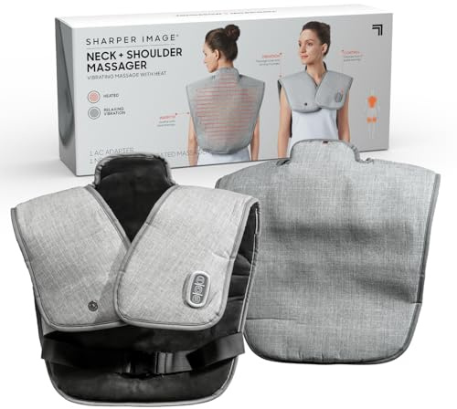 SHARPER IMAGE - Wrap Epaules et Cou Vibrant - 5 Modes de Massage | Douleurs Musculaires - Coussin Massant Chauffant - Massage et Relaxation - Cadeau Femme - Cadeau Homme