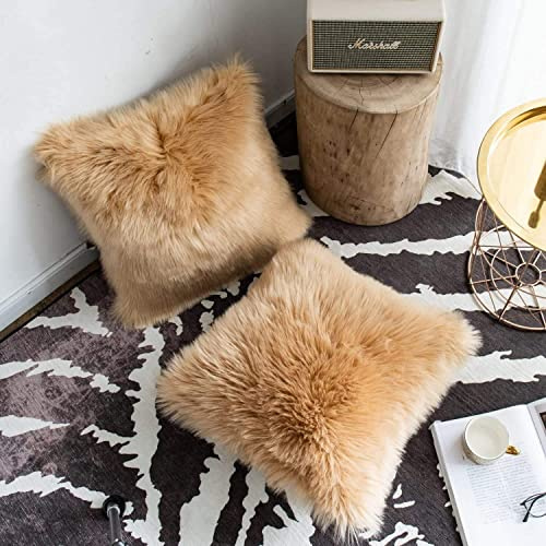 YDFYX 2Pcs Faux Pelz Wurfkissenbezug, Deluxe Home Dekorative Super Weich Plüsch Mongolischen Faux Pelz Wurf Kissenbezug Kissenbezug (2Pcs Beige, 50x50 cm)