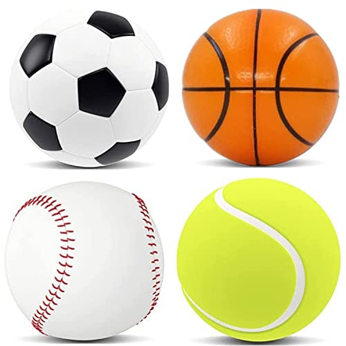 Yeefunjoy 4Pack Sports Stress Balls Fidget Toy Fidget Sensory Anxiety Stress Relief Toy for Kids Adults, Includes Basketball Football Baseball Tennisball, Squeezable Balls Idea Party Favor