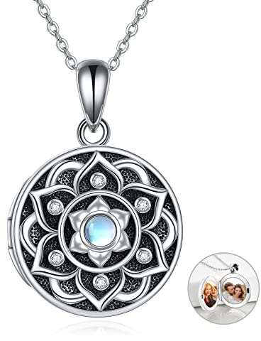 YAFEINI Mondstein Lotus Medaillon Halskette 925 Sterling Silber Lotus Blume Medaillon Halskette, die Bilder hält Yoga Medaillon Anhänger Muttertagsgeschenke für Frauen Frau Mutter