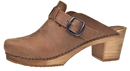 Sanita Malulo Clog | Original handgemacht | Leder-Holzclogs für Damen | Verstellbarer Riemen | Nachhaltiges Leder | Braun | 38 EU