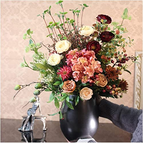 HRTC Realistisch aussehende künstliche Blumen, Elegante Pfingstrosen-Kunstblumen mit Vintage-Keramikvasen-Dekor für Zuhause, Veranda, Büro