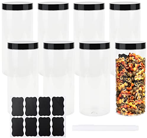 HAKZEON Paquete de 8 tarros de almacenamiento de plástico de 1000 ml con tapas y 8 hojas de etiquetas, tarros de plástico grandes transparentes, recipientes de almacenamiento de alimentos de cocina