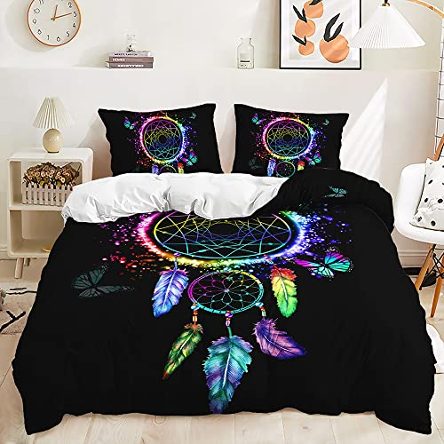 Chanyuan Bettwäsche Traumfänger 135x200cm Fluoreszierend Feder Schmetterling Muster 2 Teilig Mädchenbettwäsche Kinderbettwäsche Mikrofaser Schwarz Bettbezug Exotisch Boho mit Reißverschluss
