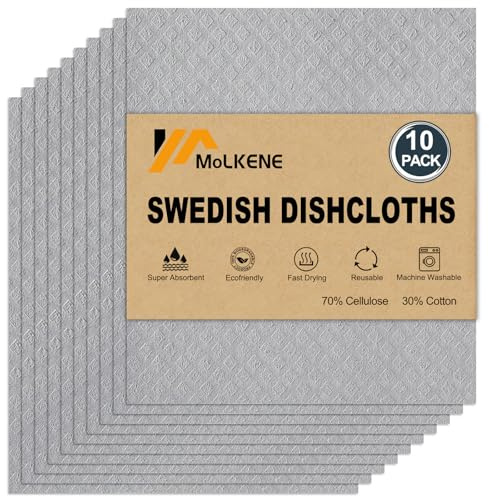 MoLKENE Swedish Dishcloths for Kitchen | 10 Pack Absorbent Cellulose Sponge Cloths Washable | Non-Scratch Reusable Paper Towels Quick Drying Cleaning Rag - Grey