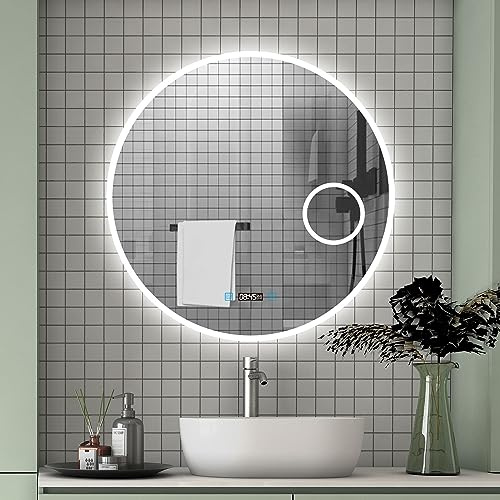 Aica Sanitär Runder LED Badspiegel 80cm mit Kosmetikspiegel Uhr Kalt/Neutral/Warmweiß dimmbar Touch/Wandschalter Memory Beschlagfrei
