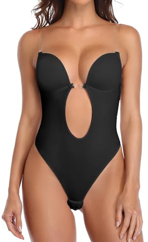SHAPERIN Body Modellante Donna Senza Schienale Invisible Body con Reggiseno Push Up Bodysuit Shapewear Perizoma, Nero, M