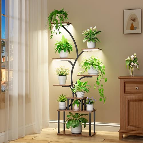 POZILAN 8-Tiered Tall Plant Stand with Grow Light, Metal Plant Shelf Display Rack Holder, Flower Stand for Indoor, Living Room, Garden, Patio