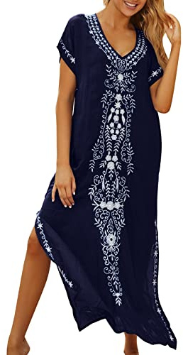 Kaftan dam lång strand – strandponcho dam lång boho – strandklänningar transparent sommarklänning V-ringad linneklänning luftig strandklänning lätt bikini täcka maxiklänning kortärmad tunika linne