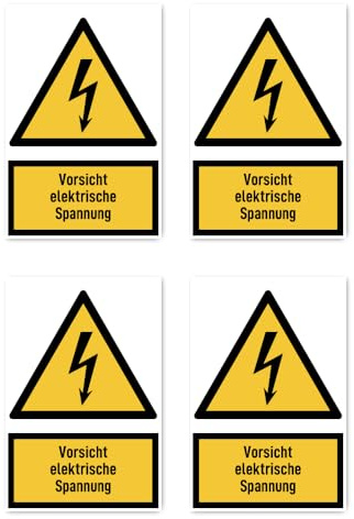 Aufkleber: 112.5x75 mm, 4 Stück - Vorsicht elektrische Spannung - Warnzeichen mit Text (deutsch) (gelb/schwarz) - hochkant - W012 - DIN EN ISO 7010 / ASR A1.3