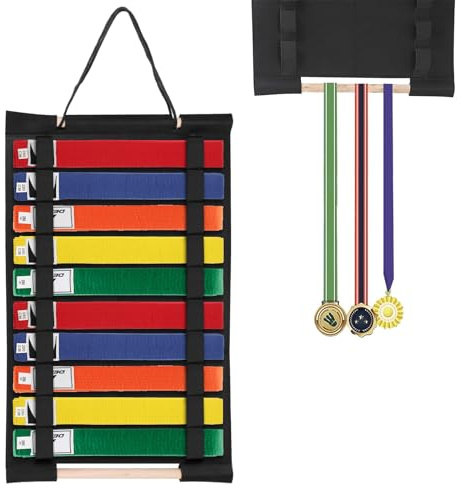 JUXYES Wall Hanging Martial Arts Belts Organizer for 10 Belts, Portable Karate Belt Display Holder with Medals Hanging Stick, Lightweight Hanging Taekwondo Belt Display Holder for Martial Arts Learner