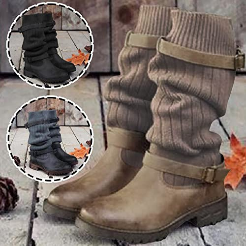 DHYUEN Winterschuhe Damen Schuhe Halbschuhe Plush Flache Schuhe Winterschuhe Vintage Ankle Boots Beiläufig Winter Schnürstiefeletten Höhe Wasserdicht Oberschenkelhohe Stiefel Kniehohe Schuhe(Grau，43