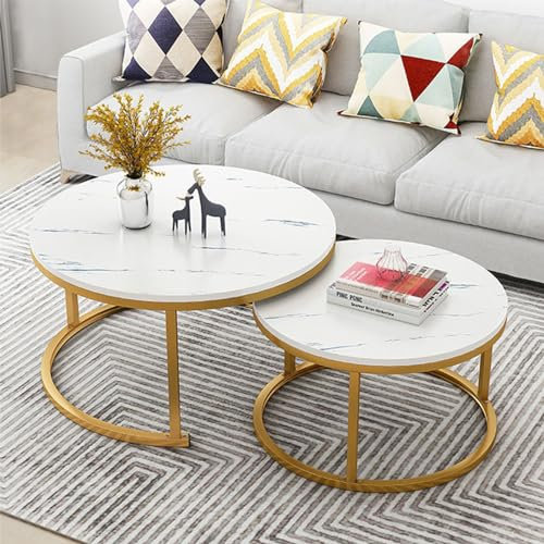 Moderne Couchtische, 2er-Set, Marmorstruktur, Holzplatte, Metallrahmen, Wohnzimmer-Mitteltisch, für Home Office