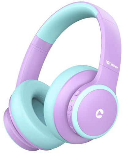 iClever Aktive Geräuschunterdrückung Bluetooth Kopfhörer Kinder, 60 Spielzeit, Sichere Lautstärke 80 dBA, Typ-C-Schnellladung, Bluetooth 5.4, Kinder Kopfhörer mit Mikrofon-AUX-Kabel für iPad, Lila