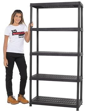 The Workplace Depot Heavy-Duty 5-Tier Plastic Shelving Unit, 65kg Per Shelf, Non-Rusting Black, Tool-Free, Indoor Outdoor Storage for Garage & Workshop (5 Shelf (1840mm))