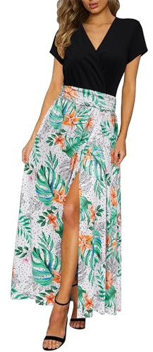 Newshows Sommerkleid Damen lang Maxikleid Sommer Kurzarm V Ausschnitt Strand Kleider White Tropical Flower,M