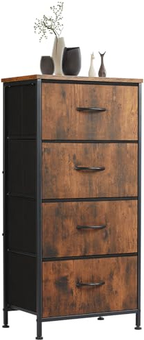 Sweetcrispy Kommode mit 4 Schubladen, Stoff Schubladenschrank, Schmal Schrank, Kommode Schlafzimmer, Industrial Stil für Wohnzimmer, Kinderzimmer, Flur Aufbewahrungsschrank, Braun