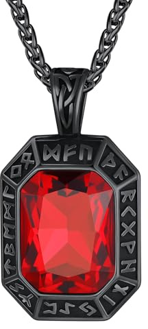 ChainsHouse Rune Kette für Herren Damen Edelstahl Halskette Wasserfest | Wikinger Rune Anhänger mit Onyx/Rubin/Smaragd/Saphir Stein, Schutz Amulett Schmuck für Männer Frauen