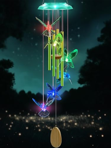 Solar Windspiel mit Kolibri-Design & grünen Alu-Röhren – Tiefklingende Gedenk-Glocke für Garten/Terrasse – Dekoratives Geschenk für Mama, Oma