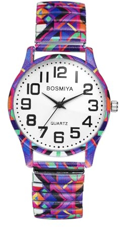 JewelryWe Boho Watches for Women: Ladies Bohemian Elastic Expansion Band Quartz Easy Read Large Dial Stainless Steel Colorful Stretch Strap Wriststwatch