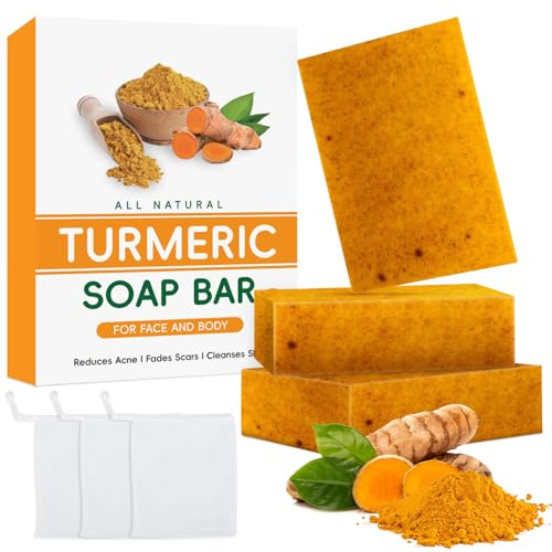 3 stycken kojisyratvål, tar bort mörka fläckar, handgjorda gurkmeja tvålstycke för ansikte och kropp, fuktgivande och hudblekning, vitamin C-tvålstycke med skumnät