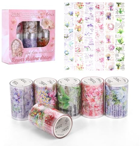 6 Rollen Floral Washi Tape Set, Vintage Washi Sticker Rolle Rub on Scrapbook Zubehör Set Blumen Glitzer Washitape, Journaling Zubehör für Scrapbooking Bullet JournalZubehör Kunsthandwerk Geschenke DIY