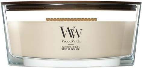 WoodWick Vela Perfumada con Mecha Crepitante | Vela Elipse Patchouli Crème | Velas de Larga Duración: Hasta 50 horas de duración | Regalos perfectos para mujeres