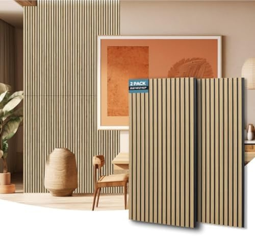AKUMAX Soundproof Wood Wall Panels-3.5cm Extra Thick 2 Pack Acoustic Panels -Slat Wall Panelling-1200x60CM 3D Wall Panels High Density Sound Dampening Panels (Teak)