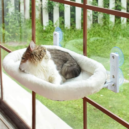 Fensterliege für Katzen,Katzenbett Fenster Hängematte Katzenhängematte Katze Fensterbank Katzenliege,Klappbar Fensterliegeplatz Fensterhängematte Katzenhängebett Bis zu 18kg (Weiß, 30x60cm)