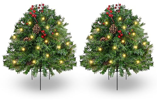 2 Pack Lighted Artificial Christmas Urn Filler 23 Inch, Battery Operated Pre-lit Mini Xmas Trees, Tripod Stake and LED Lights Christmas Porch Decorations