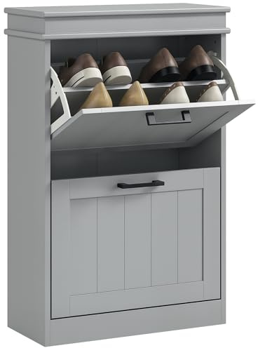 HOMCOM 2 Flip Drawers Entryway Shoe Cabinet Shoe Storage Cabinet, Grey | Narrow Adjustable Shelves, for 10 Pairs